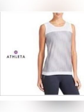 Athleta Mobilize Mesh Sports Tank Grey and White Stripe in Front White in Back